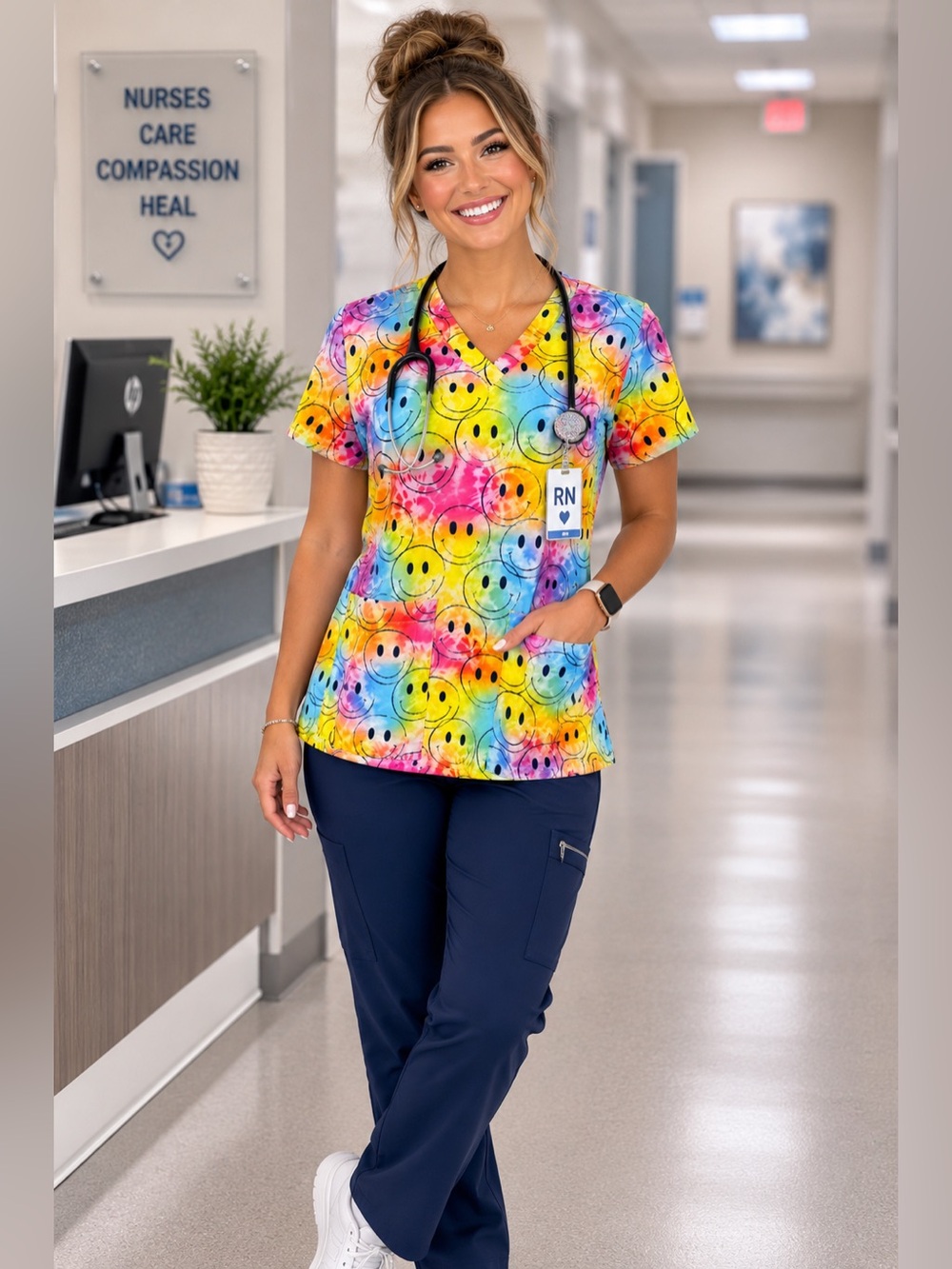 Wrinkle free Colorful Tie-Dye Smiley Face V-Neck Scrub Top